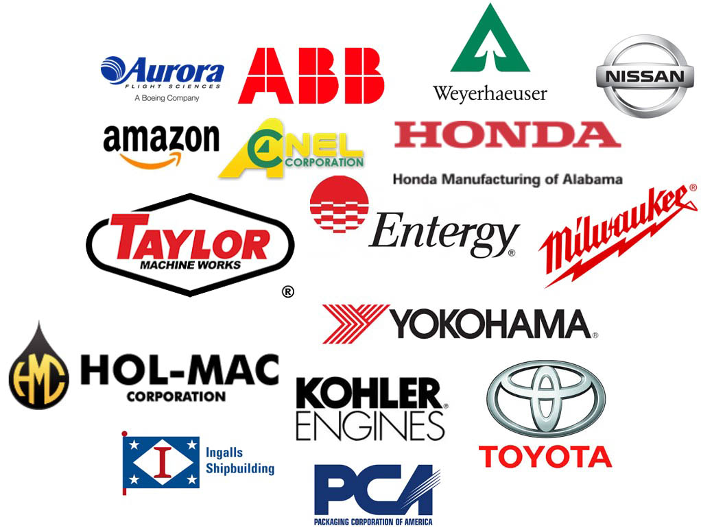 Aurora Flight Sciences, ABB, ANEL Corporation, Faurecia Automotive, Entergy, Hol-Mac, Honda Manufacturing of Alabama, Kohler Engine, Milwaukee Tool, Nissan North America, Inc., Ingalls Shipbuilding, Packaging Corporation of America (PCA), Taylor Machine Works, Toyota Motor Manufacturing Mississippi, Weyerhauser, Yokohama Tire Mfg MS, LLC